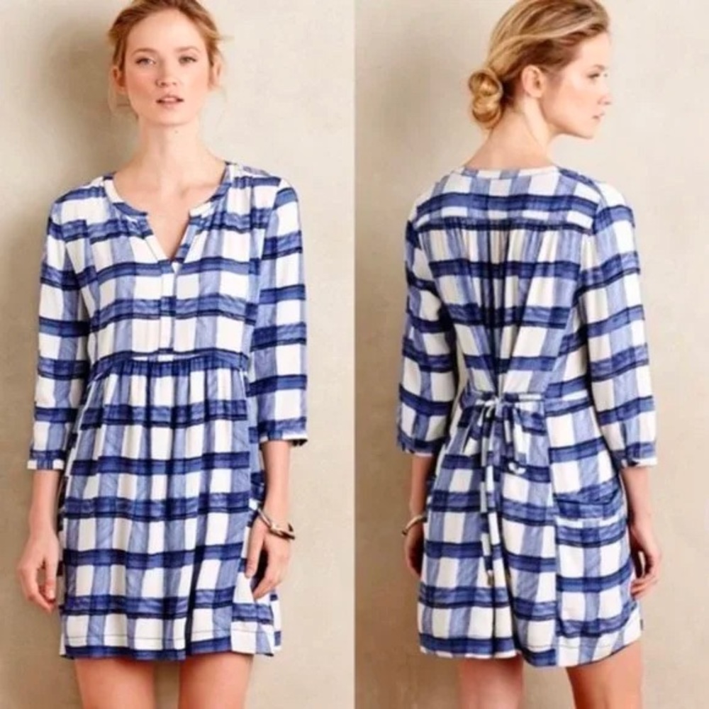 Maeve Blue and White windowpane dress with pockets - like new